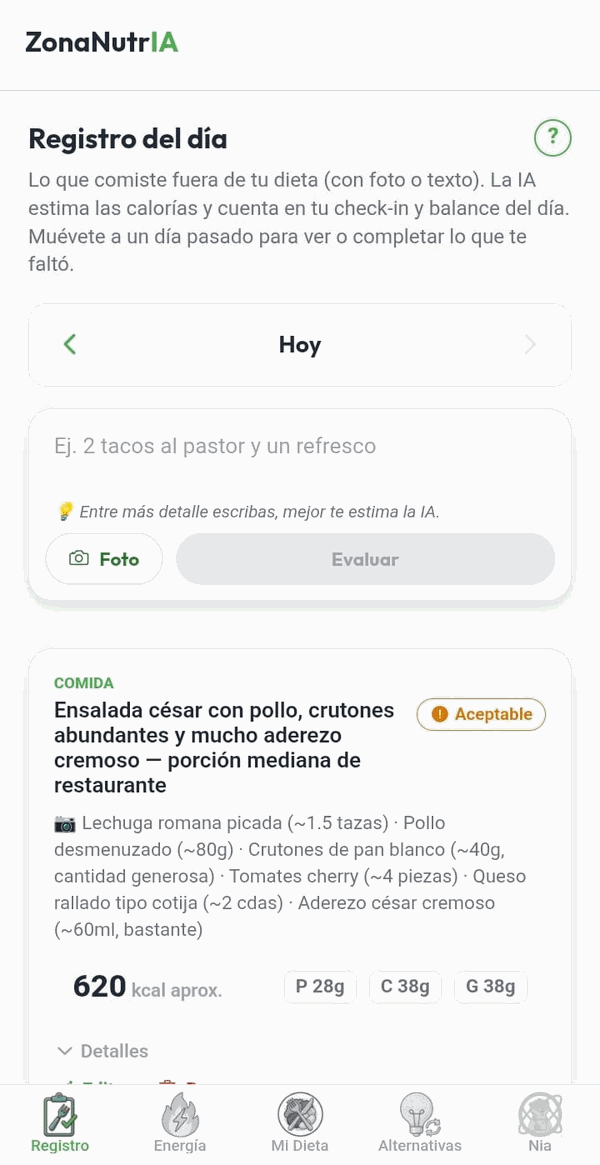 Pantalla de registro de comida de ZonaNutrIA